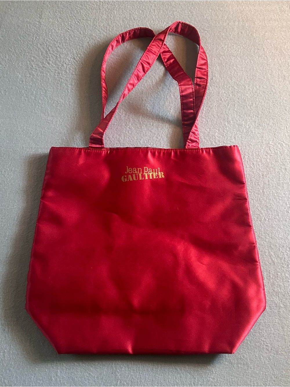 Jean Paul Gaultier Red Sustainable Satin Tote Bag SeaTrees Gold Spell Out